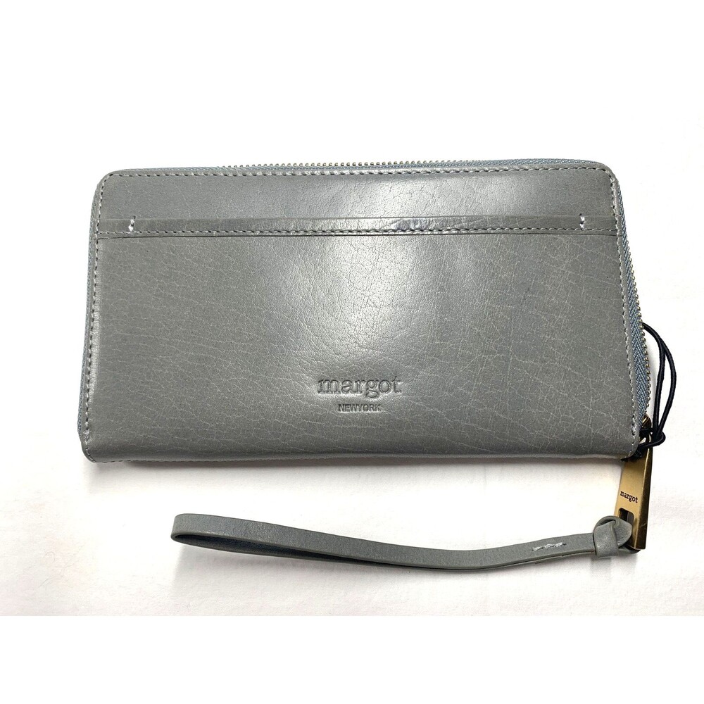 Margot New York Gabby Zip Around Wallet Gray Leather Wristlet Clutch Organizer N